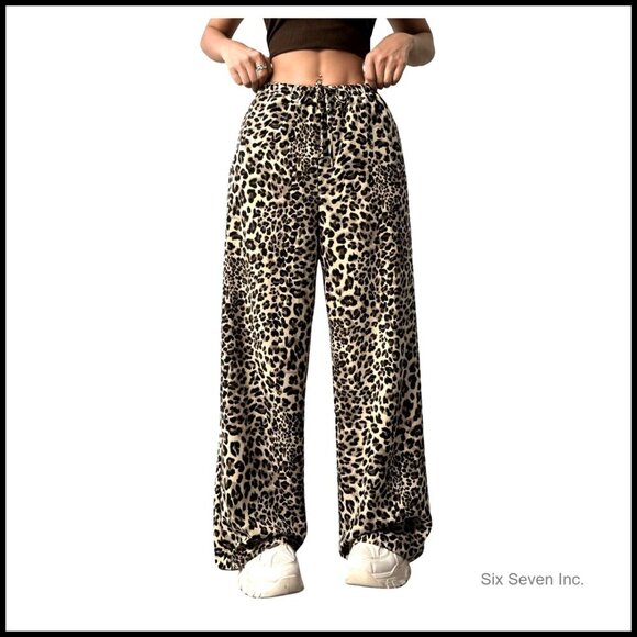 Pants - Drawstring Waist Leopard Print Trousers Tie Front Wide Leg Pants